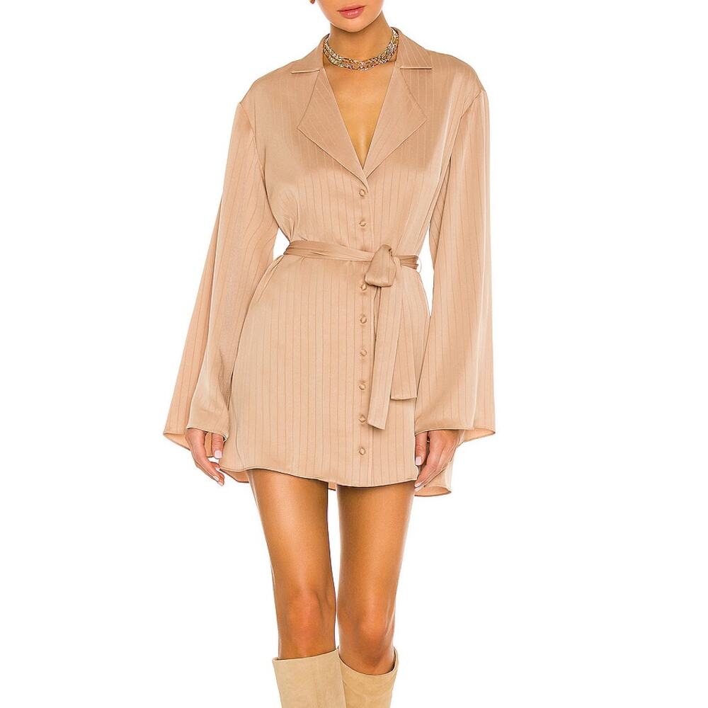 LPA Dress Shirt with Waist Tie Champagne Beige Tonal Stripe Revolve SZ M